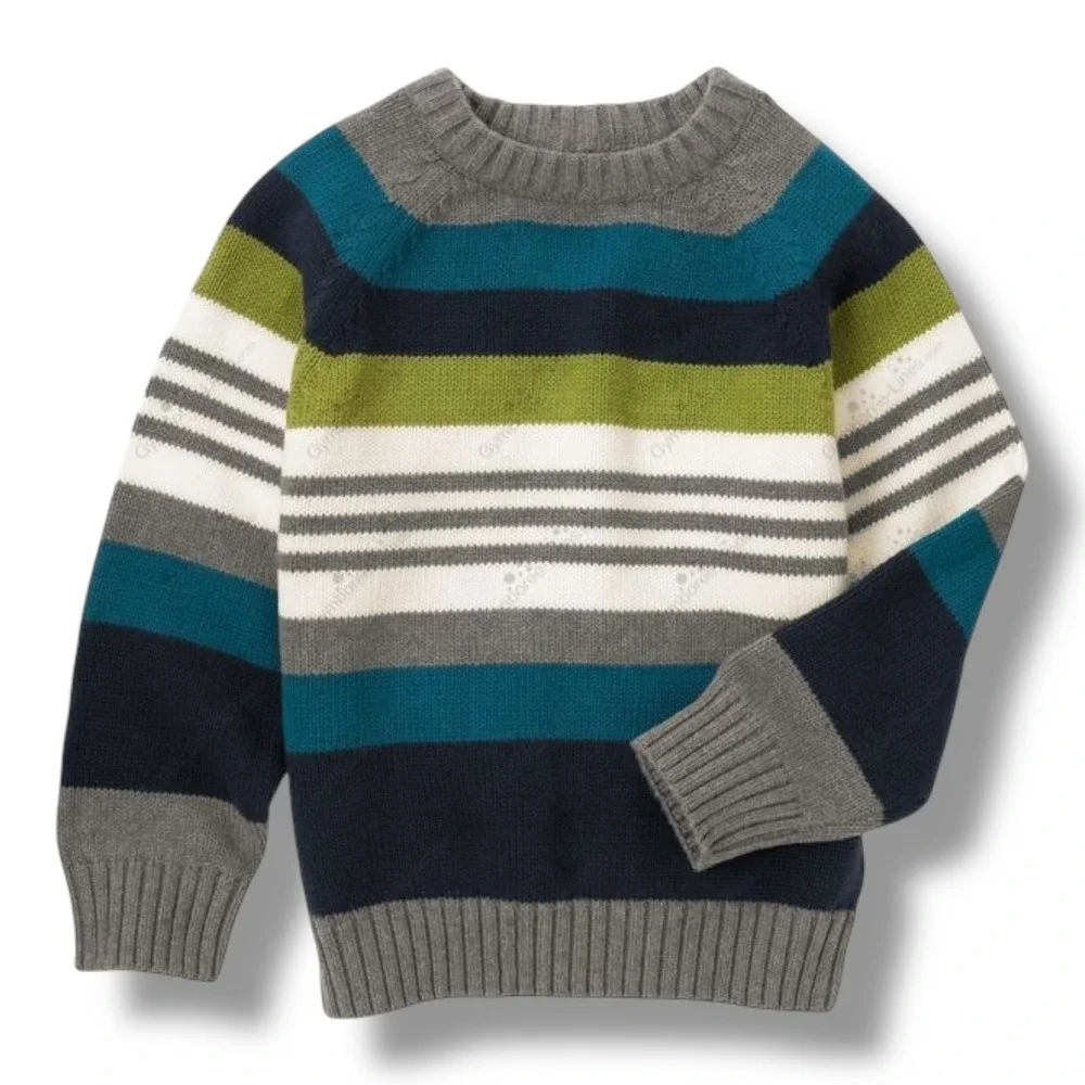 Gymboree Boys Striped Pullover Crewneck Sweater Blue‎ Green Grey M 7-8 Snow Days
